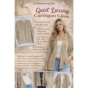 TEXTURED  Metallic Knit Cardigan Sweater XL Tan Gold Open Front Scalloped Hem